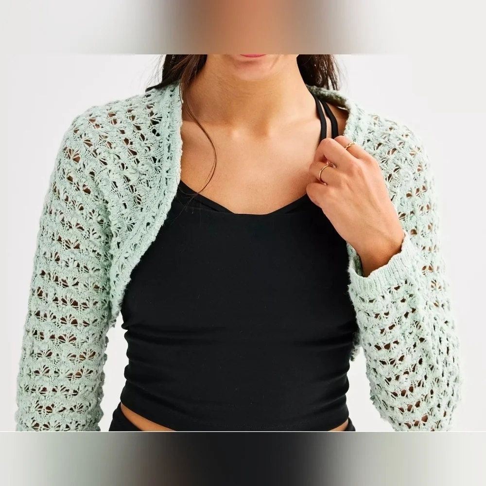 Sugar Moon Sage Green Open Stitch Crochet Bolero Shrug - XS